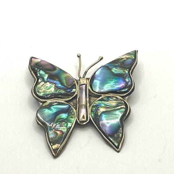 MEXICO Alpaca Abalone Shell Butterfly Brooch VTG - Picture 8 of 10
